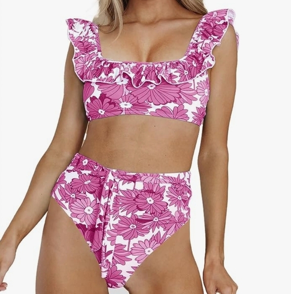 FERBIA Falbala High Waisted Ruffle Accented Bikini in Rose Red Size L - Picture 1 of 15